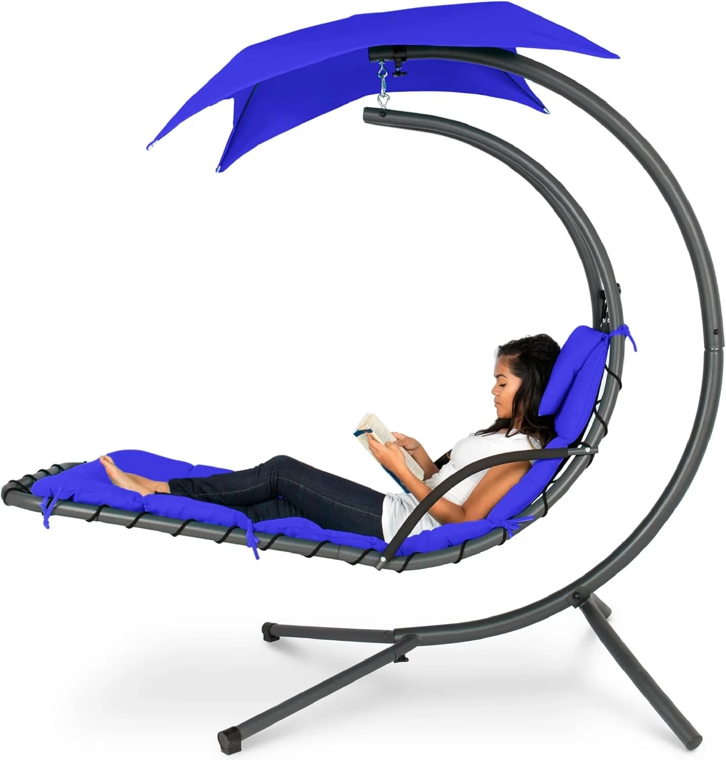 Best Choice Products Outdoor Hanging Curved Steel Chaise Lounge Chair Swing w/Built-in Pillow and Removable Canopy - Teal