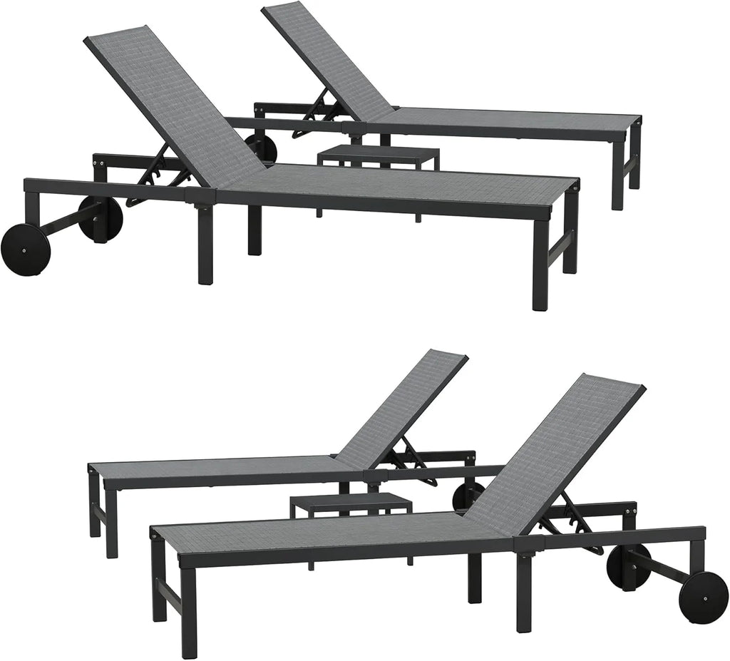 PURPLE LEAF Patio Tanning Lounge Chair Set with Face Down Hole Outdoor Aluminum Adjustable Reclining Chairs Wheels Pillows and Table for Poolside Beach Sunbathing Lounger, Beige