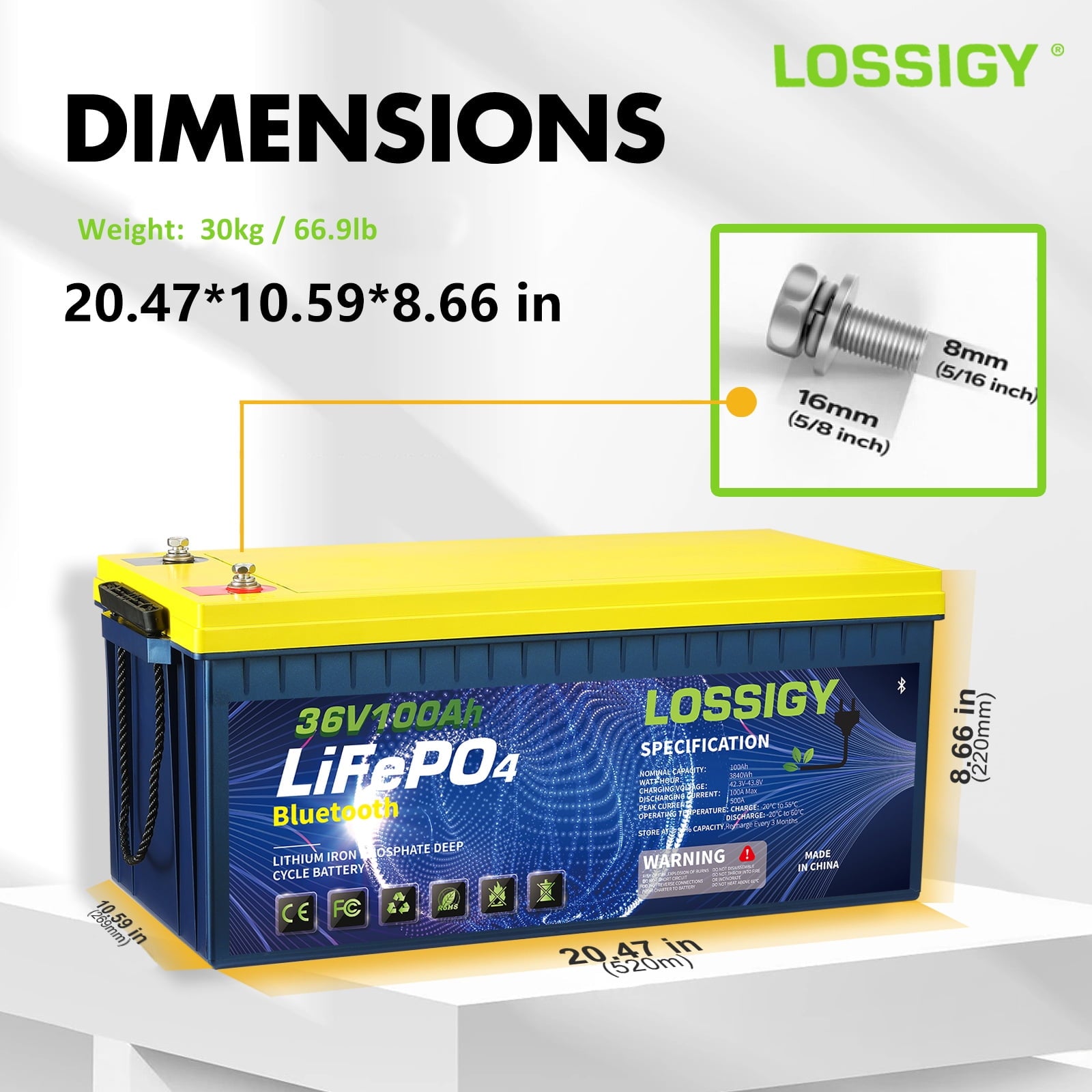 LOSSIGY 36V 100AH Golf Cart Lifepo4 Battery with 36 volt 25A Lithium Charger, Prefect for Trolling Motor, Marine, Boat, Built in 200A Bluetooth BMS, Peak Current 1000A(3-5s), 10 Yrs Lifespan