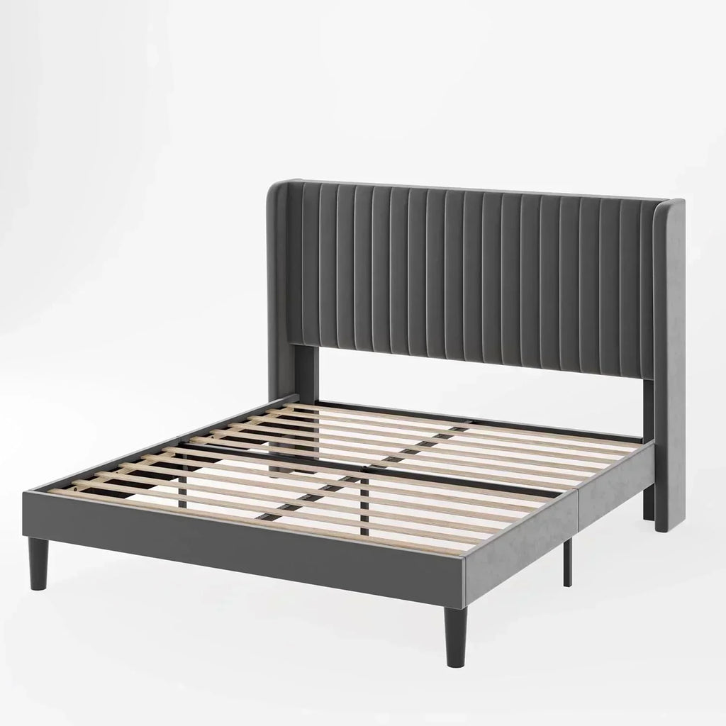 Allewie Full Size Velvet Bed Frame Vertical Channel Tufted Wingback Headboard Upholstered Bed