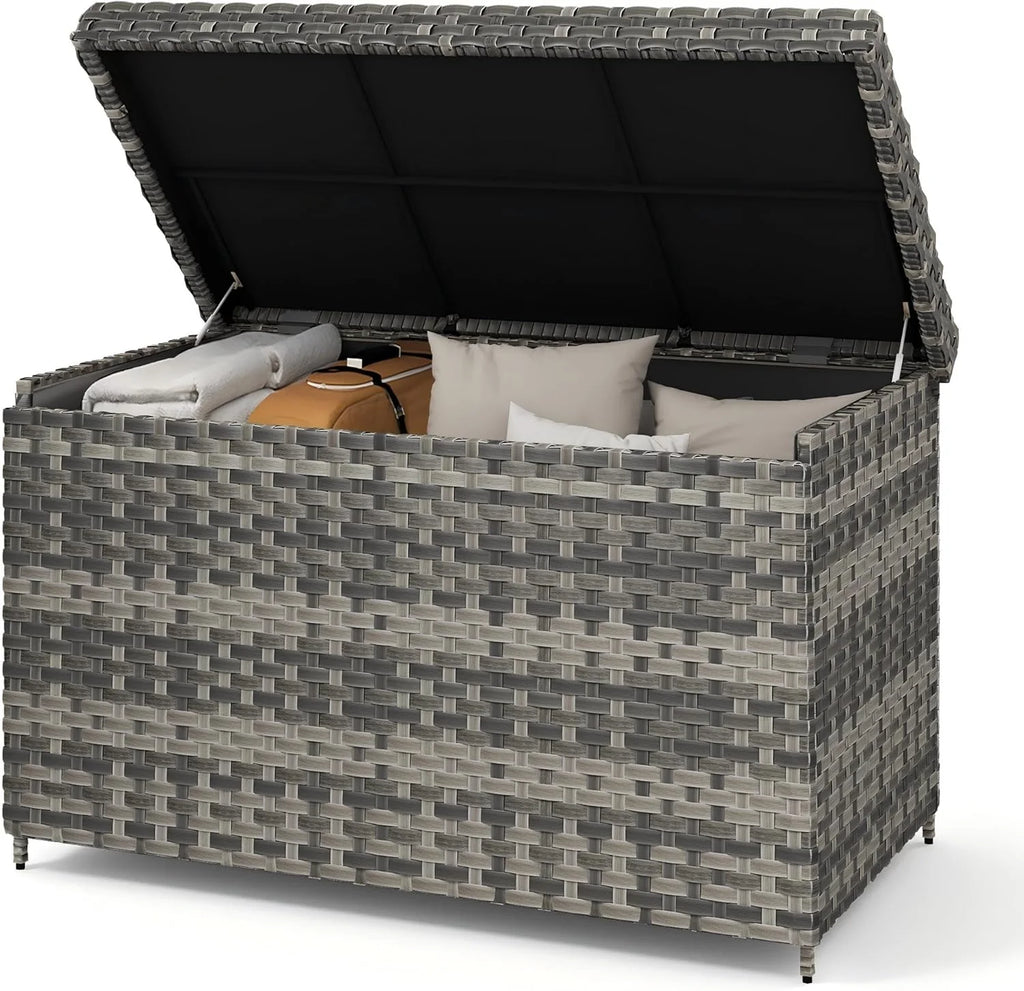 DWVO 70Gal Outdoor Storage Bench with Cushion & Composite Wood Backrest, All-Weather Wicker Deck Bench with Rustproof Bag, Poolside, Patio, Garden (Sand Beige)