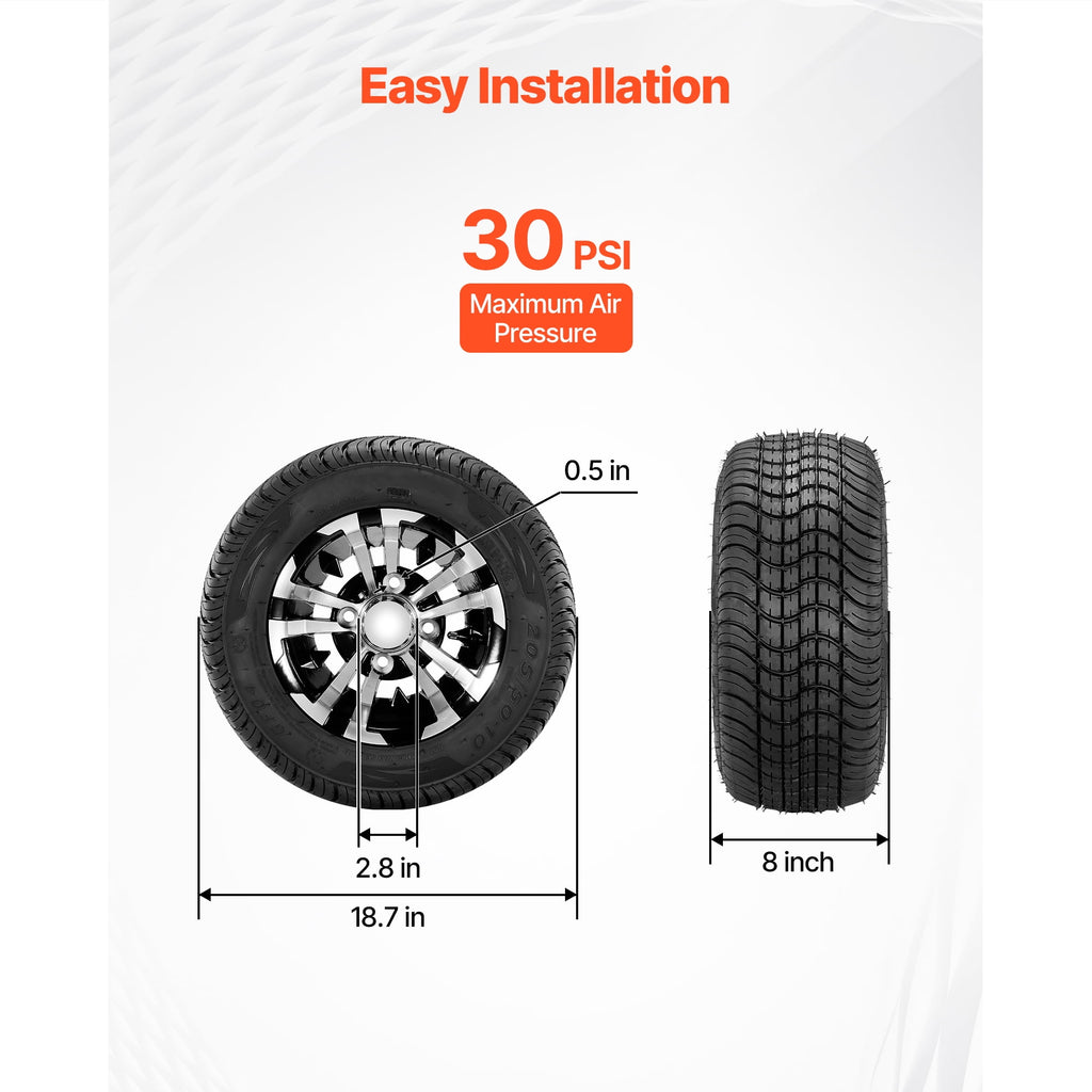 KFFKFF Golf Cart Wheels,10 205/50-10 Aluminum Alloy Golf Cart Tires and Wheels Combo (Set of 4),4-Ply Rubber 4-Lug Lawn Mower Tires & Rims, 675 lbs Load Capacity